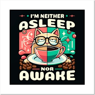 "Cat Napping in Coffee Cup" - Humorous Tee for Cat and Coffee Lovers Posters and Art